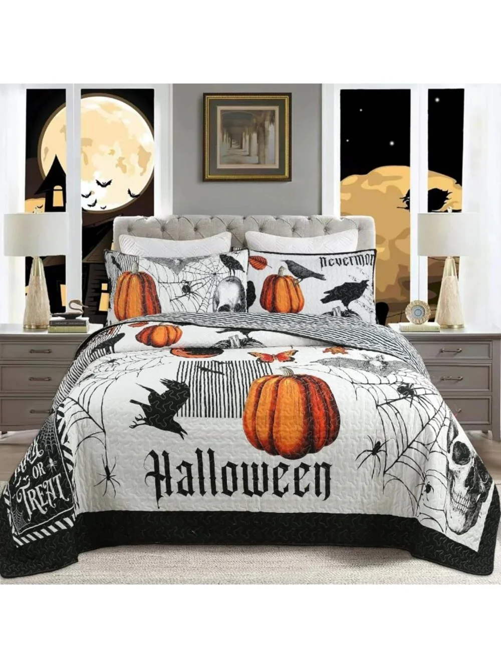 3-Piece Halloween Pumpkin Quilt Bedspread Set - Cozy Queen Size Decor